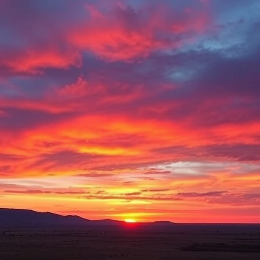 Create a vibrant sunset landscape with rich colors, captured using a DSLR camera at ISO 100, aperture f/8, shutter speed 1/200s, wide-angle lens, with a panoramic view to enhance depth and detail.
