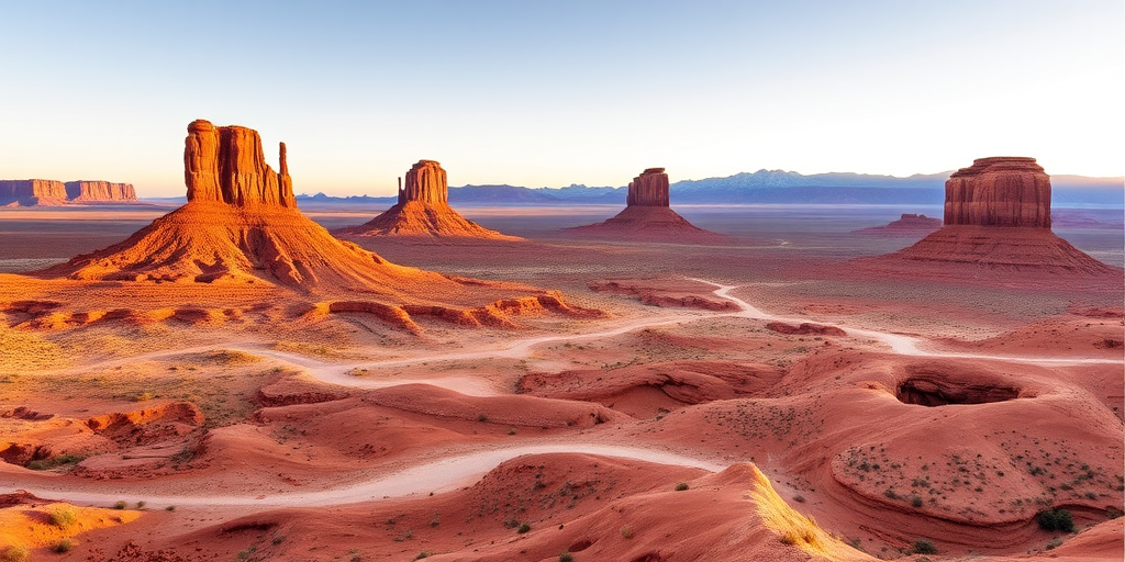 capture a breathtaking landscape of a desert with striking rock formations and distant mountains under a clear sky, use a DSLR camera with a 24mm lens, aperture at f/11 for depth of field, shutter speed 1/200s, and ISO 100, taken at sunrise for warm lighting and clarity