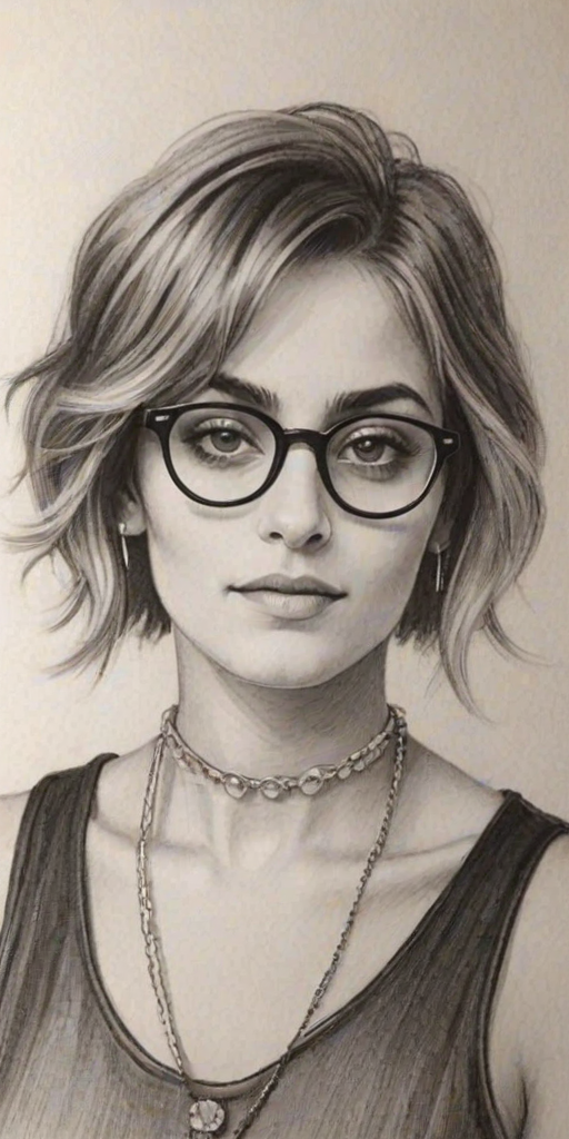 Charming Paris Jackson, pencil sketch, portrait of Enticing woman 1926s in glasses, hair style beatnik, outline, clear lines, fine lines, 8k