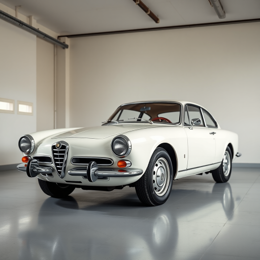 Regenerate an image of a classic white Alfa Romeo parked in a garage with a clean background, using a Canon EOS 5D Mark IV, 24mm lens, f/8 aperture, ISO 200, natural lighting, and a wide-angle view to enhance detail and depth.