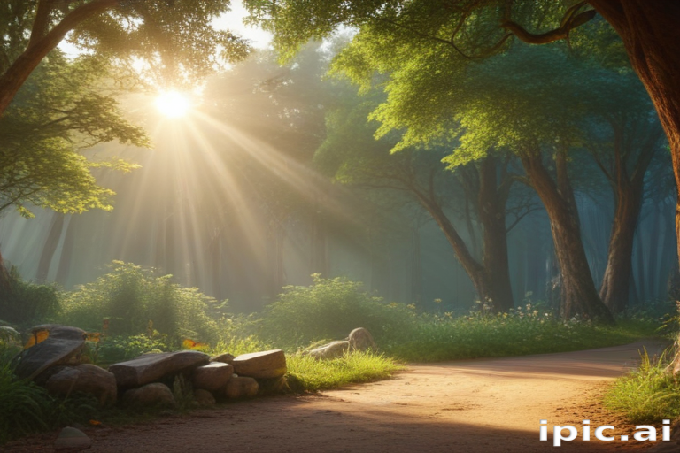 Sunlight Streaming Through Trees in a Serene Forest Pathway Scene