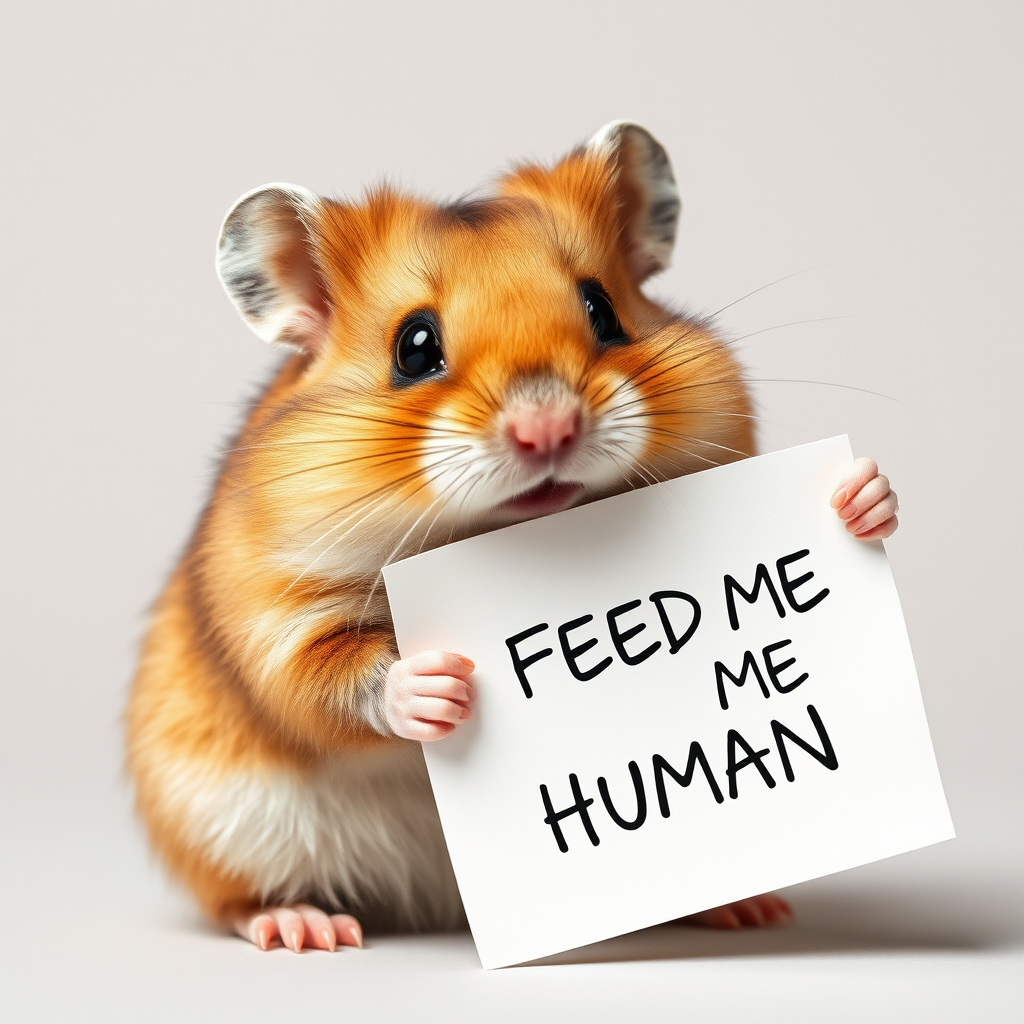 hamster holding a note which says "FEED ME HUMAN"