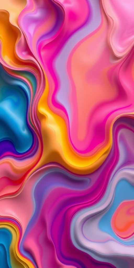 Create a vibrant abstract image with fluid shapes and colorful gradients, captured using a DSLR camera with a 50mm lens at f/1.8, ISO 100, and a shutter speed of 1/250s from an aerial view for enhanced depth and detail.