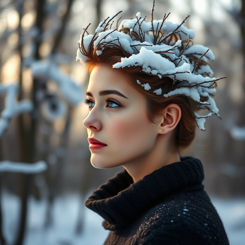 portrait of a woman with an artistic hairstyle resembling branches in a snowy forest, shallow depth of field, soft lighting, ISO 100, f/2.8, 85mm lens, taken with a full-frame DSLR camera, golden hour effect