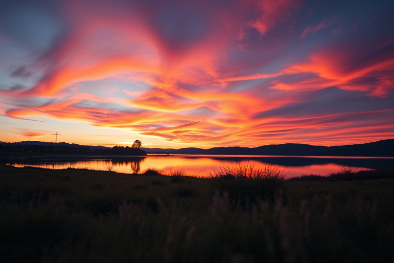 Create a high-resolution image of a serene landscape at sunset, with vibrant colors in the sky reflecting on a calm lake, using a DSLR camera with a 50mm lens, f/1.8 aperture, ISO 100, shot from a low angle to capture foreground elements and provide depth.