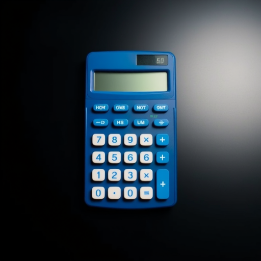 Create a high-resolution image of a simple calculator with a blue body and white buttons, front view, 50mm lens, f/5.6 aperture, ISO 100, studio lighting.