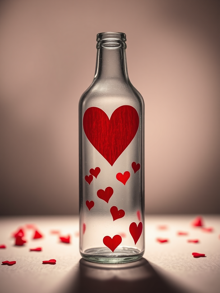 A glass bottle with a red heart design and small red hearts floating inside, backlit with soft diffuse lighting, captured with a Canon EOS R5, 50mm lens at f/1.8, ISO 100, in a studio setting for enhanced detail and clarity.