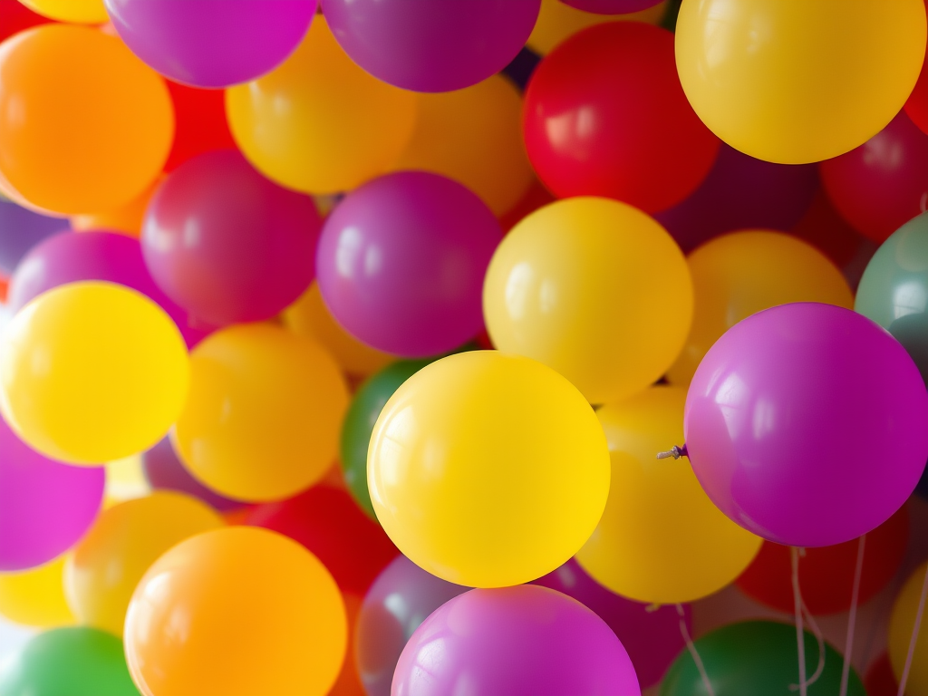 colorful balloons filling the frame, vibrant hues of red, yellow, purple, and green, high resolution, shallow depth of field, 50mm lens, f/1.8 aperture, soft lighting, macro photography, Canon EOS R5