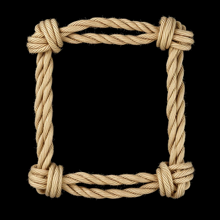Create a high-resolution image of a rectangular frame made of thick, textured rope tied in knots at the corners against a solid black background, shot with a DSLR camera at f/4 aperture, 1/100 sec shutter speed, ISO 100, utilizing a macro lens for enhanced detail and clarity.