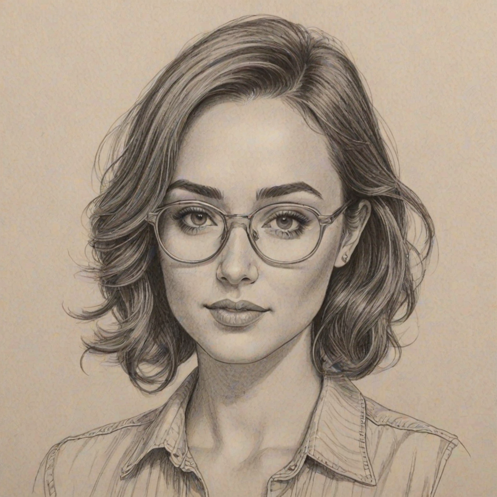 Enticing Allison Scagliotti, pencil sketch, portrait of Exquisite woman 1972s in glasses, hair style beatnik, outline, clear lines, fine lines, 8k