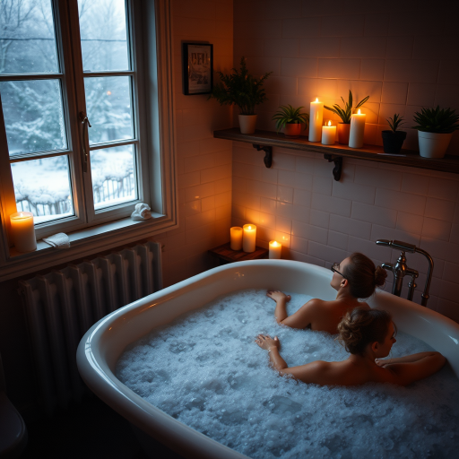 create a cozy bathroom scene with a person relaxing in a vintage bathtub filled with bubbles, soft candlelight illuminating the space, snow falling outside the window, indoor plants on shelves, warm tones, high-resolution, shot with a DSLR camera at f/2.8, ISO 200, 50mm lens, natural light with ambient lighting effects