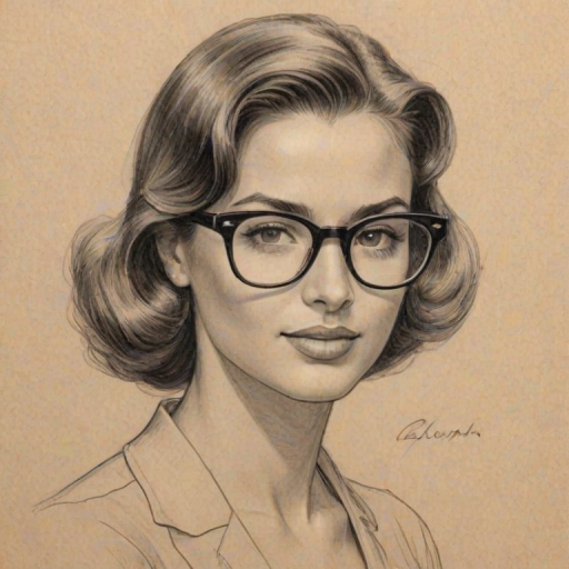 Comely Ciara, pencil sketch, portrait of Appealing woman 1946s in glasses, hair style beatnik, outline, clear lines, fine lines, 8k