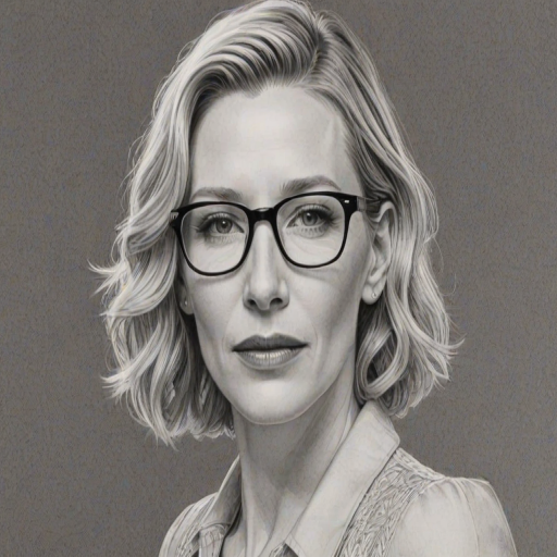 Exquisite Cate Blanchett, pencil sketch, portrait of Stunning woman 1936s in glasses, hair style beatnik, outline, clear lines, fine lines, 8k