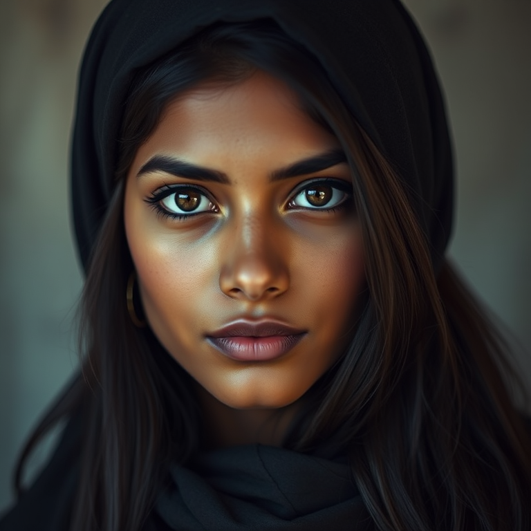 Create a portrait of a young Indian woman with long, dark hair and captivating hazel eyes. She is wearing a black headscarf and a matching scarf draped gracefully around her neck. The background is softly blurred, focusing attention on her serene and natural expression. The overall color palette is muted and warm, enhancing the intimate and authentic feel of the portrait.
