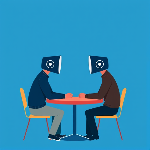 Create an abstract illustration of two people sitting at a table, their heads replaced with loudspeakers, engaged in conversation, background in solid blue, use high resolution, focal length 50mm, aperture f/2.8, ISO 100, soft lighting, and a slight vignette for emphasis.