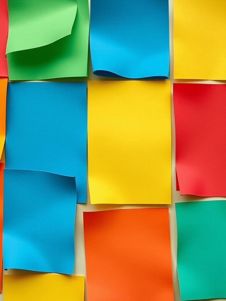 Create an image of colorful square notes with curled edges, arranged in a grid layout with vibrant colors like yellow, green, blue, red, dark blue, and orange, use a Canon EOS R camera with 50mm lens at f/2.8 aperture, ISO 100, and 1/125s shutter speed, in a top-down view with soft natural lighting for enhanced clarity and detail.