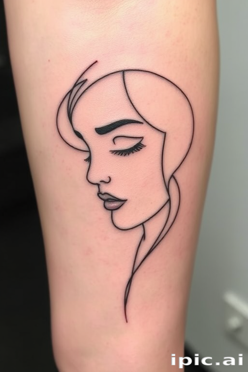 Minimalist single-line tattoo titled "Fluid Essence" using continuous thin black lines to create a flowing portrait that captures emotion and movement in its simplicity