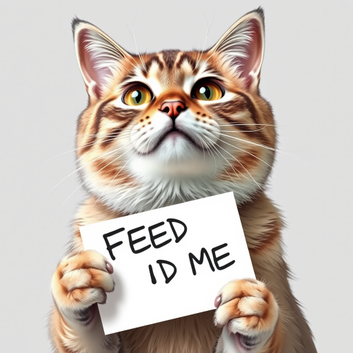 cat holding a note which says "FEED ME"