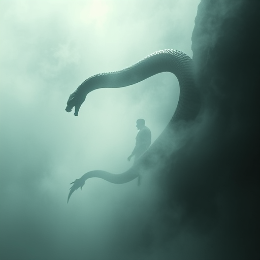 Create a high-resolution image of a serpentine figure emerging from dense mist with a sinister, sharp-edged tail, use a 50mm lens with f/1.8 aperture, ISO 100, and a shutter speed of 1/200s, shot from a low angle to enhance the dramatic effect, using a mirrorless camera for clarity and depth.