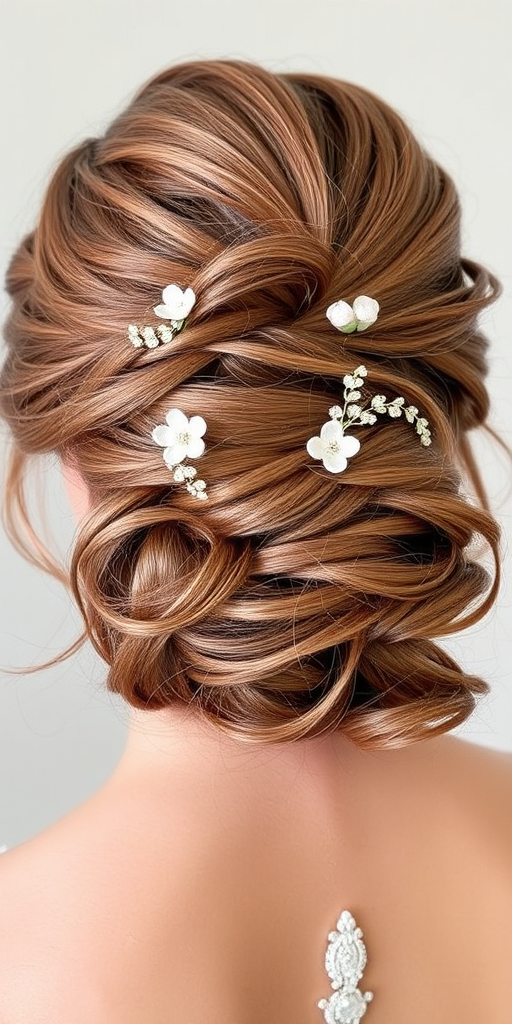 Romantic Rose Gold Updo featuring soft, loose curls pinned elegantly at the nape of the neck, adorned with delicate floral hairpins and wispy tendrils framing the face