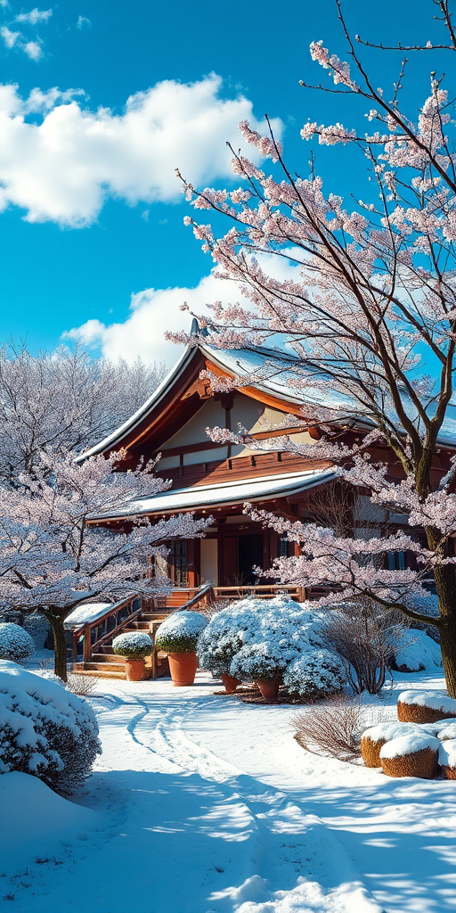 A serene winter scene of a traditional Japanese house surrounded by a snow-covered garden, detailed and vibrant with cherry blossom trees partially blooming, bright blue sky with fluffy clouds, shot with a Canon EOS R5, 50mm lens, f/1.8, ISO 100, natural lighting, soft focus background for depth.