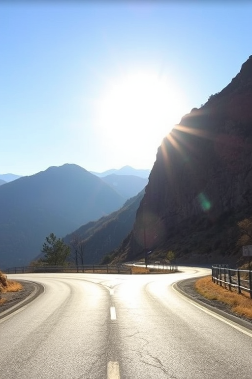 Generate a landscape image of a mountainous road with a clear sky and bright sun, use a DSLR camera with a 24mm lens, aperture f/8, shutter speed 1/250s, ISO 100, capturing a wide-angle view in vibrant colors and high dynamic range.
