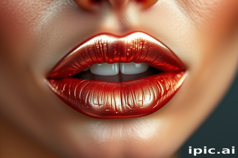 Shimmering rose gold lips glisten with metallic sheen, reflecting light in a mesmerizing display of luxury and sophistication, perfect for glamorous close-up shots