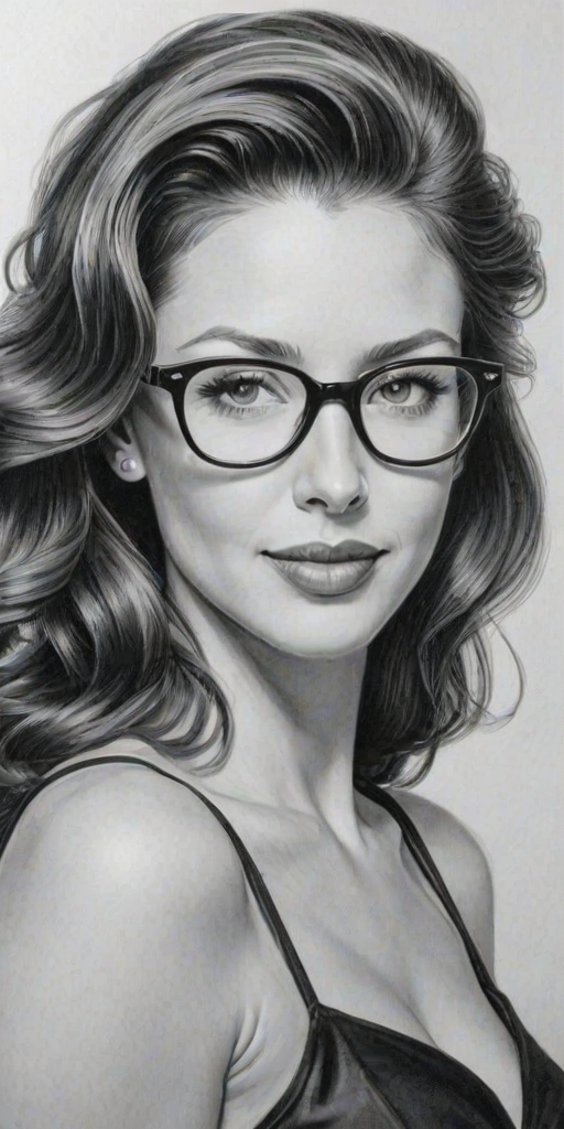 Splendid Shannon Elizabeth, pencil sketch, portrait of Enchanting woman 1946s in glasses, hair style beatnik, outline, clear lines, fine lines, 8k