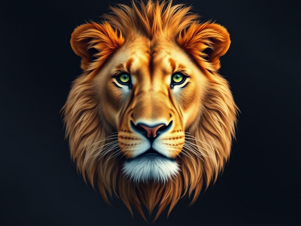 Create an ultra-detailed vector illustration of a majestic lion's head, with rich golden fur and intense green eyes, set against a dark, textured background, captured using a Canon EOS R5, with a 50mm f/1.2 lens, aperture set to f/2.8, ISO 100, and a shallow depth of field to enhance focus on the lion's features.