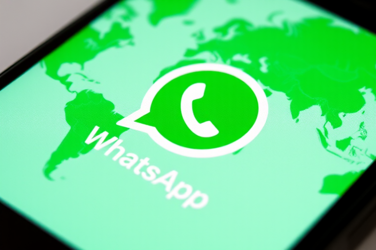 A close-up of a smartphone displaying the WhatsApp logo with a green world map in the background, shot with a Canon EOS R5, 50mm lens, aperture f/1.8, ISO 100, natural lighting for enhanced clarity and vibrancy.