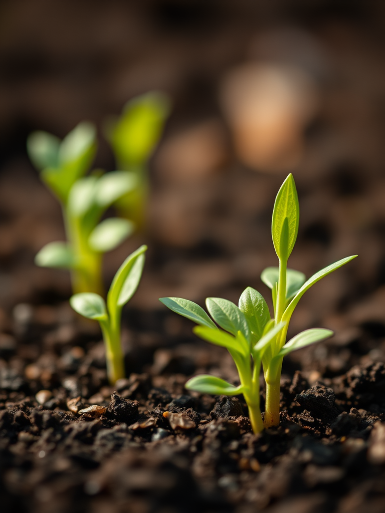 close-up of young green plants sprouting from rich dark soil with soft focus background, natural lighting, DSLR camera, 50mm lens, aperture f/2.8, ISO 100, shallow depth of field, high dynamic range