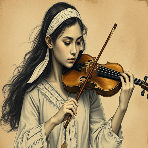 a young M'tis woman with a white headband playing a violin, in the style of a charcoal drawing, sepia grunge background