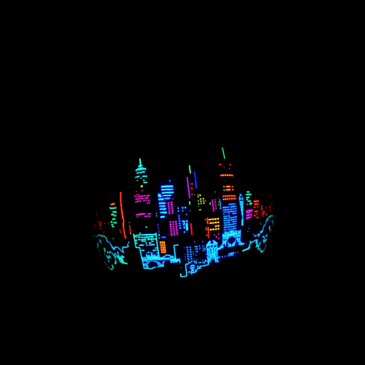 Luminous UV tattoo named "Neon Nightscape" portraying a cityscape silhouette that glows under blacklight revealing hidden details and vibrant colors invisible in normal lighting