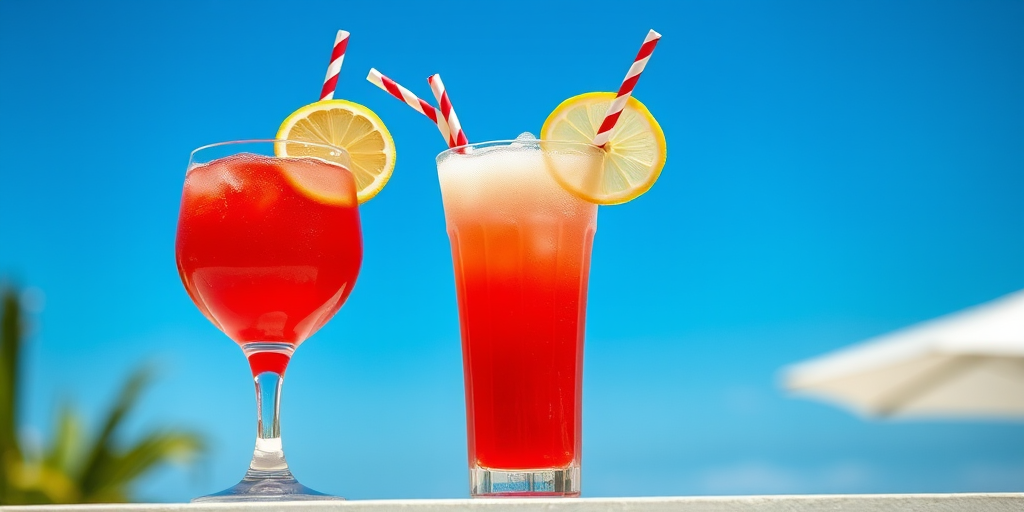 Create an image of two cocktails, one red and one white, garnished with lemon slices and striped straws, set against a bright blue sky, captured with a DSLR camera at f/2.8 aperture, 50mm lens, with a shallow depth of field to blur the background, focusing on the drinks, and vibrant colors to enhance the refreshing feel of the scene.