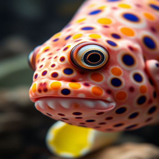 A highly detailed portrait of a fugu fish with bright yellow and blue polka dots, underwater scene with soft lighting, captured with a Canon EOS R5, 50mm f/1.2 lens, aperture f/2.8, ISO 200, 1/100s shutter speed, macro shot with a shallow depth of field.
