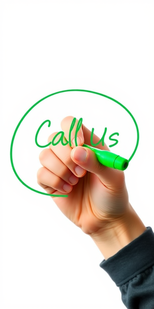 Create a high-resolution image of a person's hand holding a green marker, writing "Call Us" inside a large oval shape, captured with a DSLR camera, aperture f/2.8, shutter speed 1/250s, ISO 100, focal length 50mm, with a clean, white background for clarity.