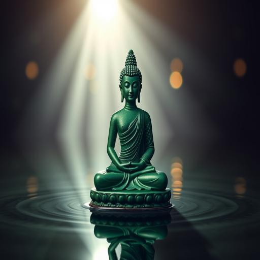 Create an image of a green Buddha statue sitting in a serene pose on a reflective water surface, with soft glowing light beams in the background, capture with a DSLR camera, aperture f/2.8, ISO 100, shutter speed 1/60s, wide-angle lens, from a low angle perspective to enhance depth and focus on the statue.