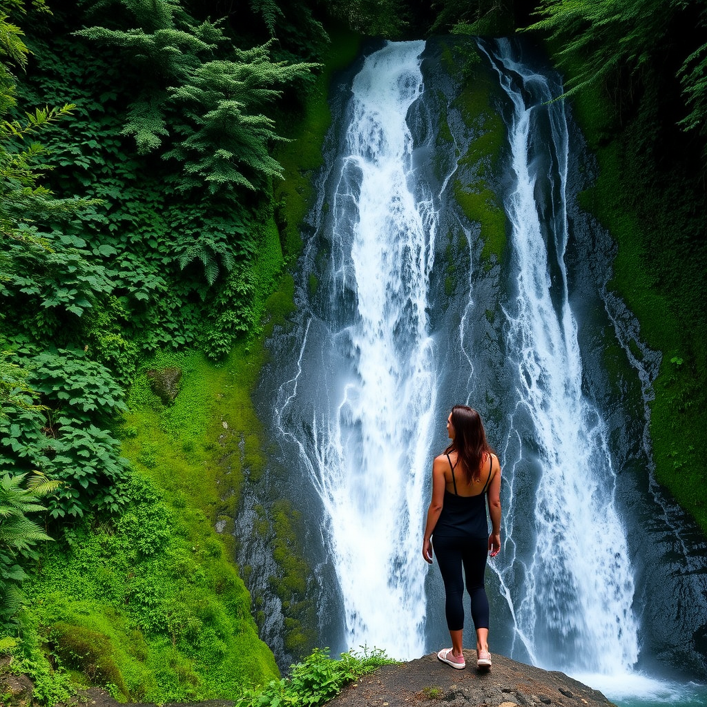 Scenic waterfall surrounded by lush greenery, a woman standing at the edge, gazing at the cascading water, creating a moment of reflection and peace.