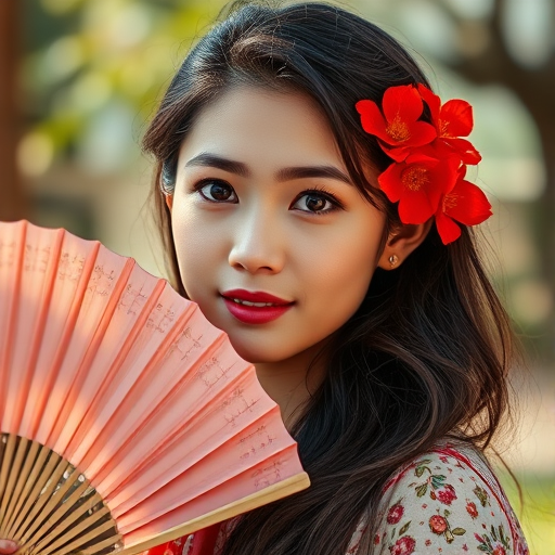 Portrait of a woman with red flowers in her hair and a fan, natural lighting, shallow depth of field, 50mm lens, f/1.8, ISO 100, enhanced color saturation, captured in a vintage style with a DSLR camera.