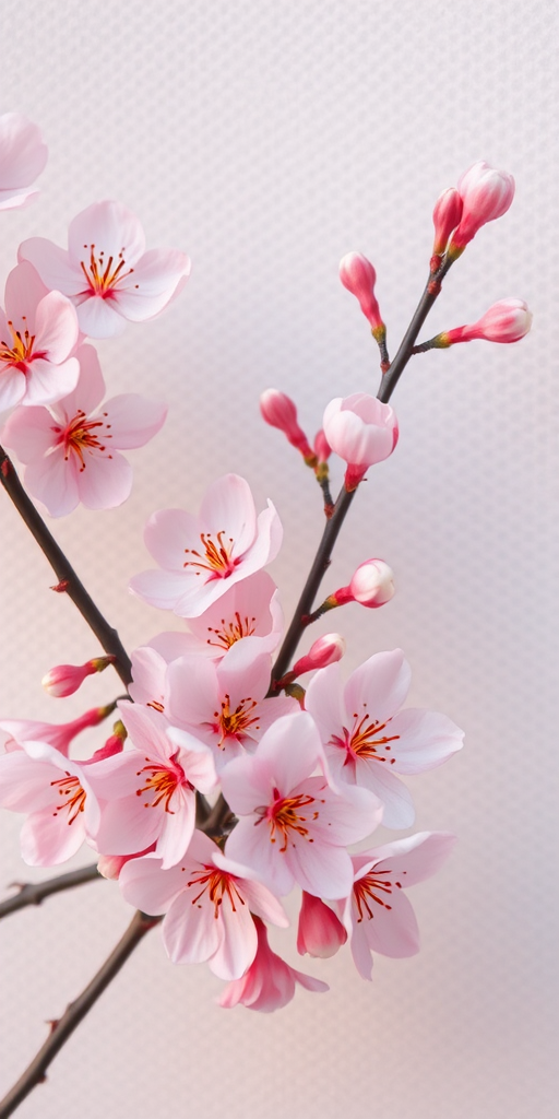 Create a high-resolution digital painting of delicate cherry blossoms with soft pastel colors on a textured background, using a Canon EOS R5 with a 50mm f/1.2 lens, aperture f/4, ISO 100, 1/125 sec, photographed from a slightly elevated angle to capture depth and detail.