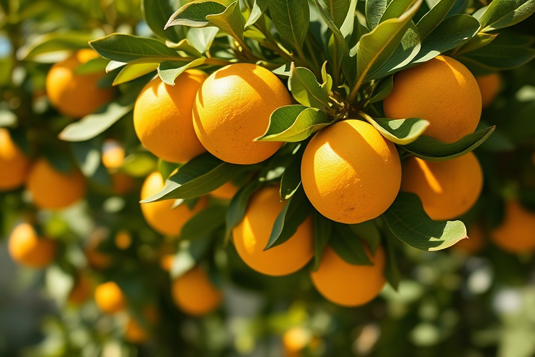 capture a close-up of a citrus tree with ripe yellow oranges under natural light with a shallow depth of field using a DSLR camera at f/2.8, ISO 200, 50mm lens, outdoors, bright day, slight overexposure for a sunny effect
