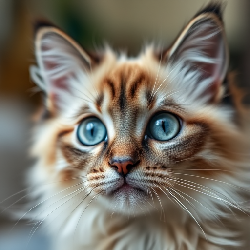 Close-up of a fluffy cat with striking blue eyes, soft focus background, natural lighting, DSLR camera settings: f/2.8 aperture, ISO 100, shutter speed 1/200s, shot from a slightly low angle, portrait style.