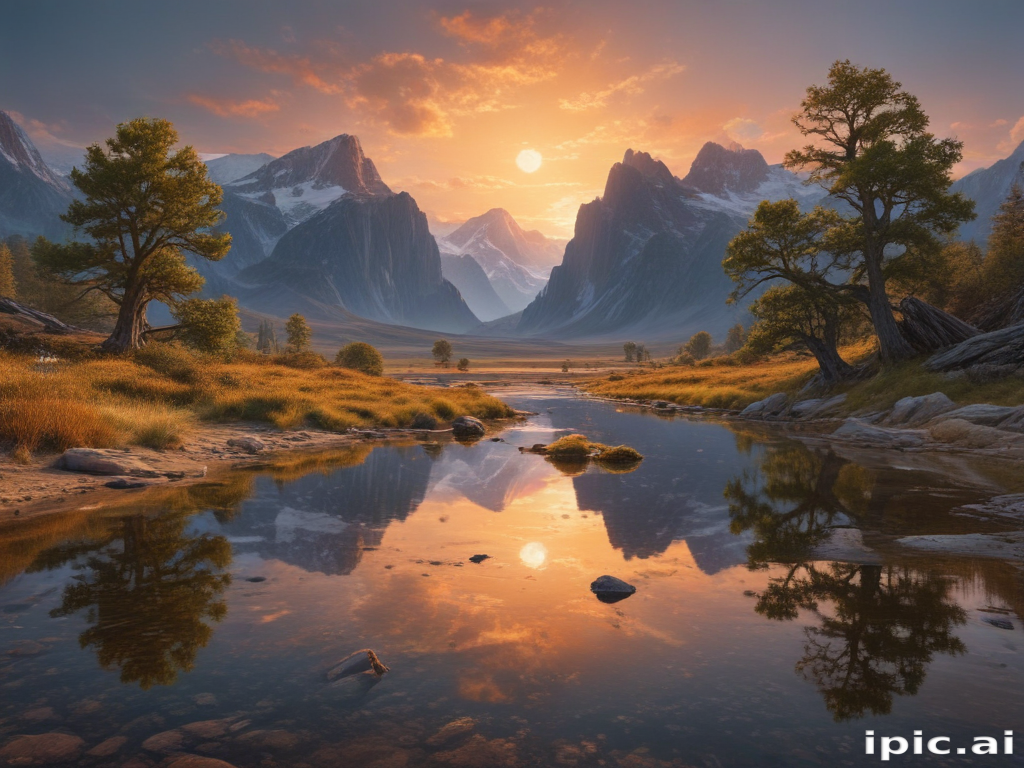 Serene Sunset Over Majestic Mountains and Tranquil River Landscape
