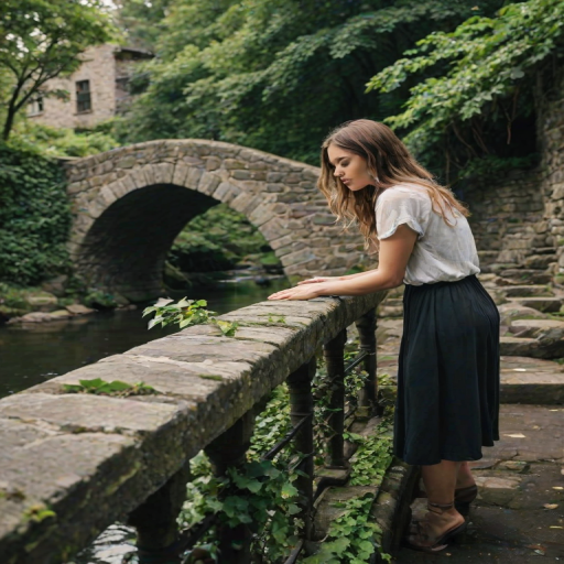 Old cobblestone bridge over a flowing river, with ivy-covered stone railings, a woman leans on the edge, gazing down at the water, her hair blowing gently in the breeze.