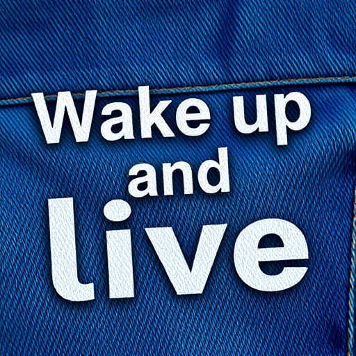 Create an image featuring the phrase "Wake up and live" in bold, stylish typography on a textured blue denim background, captured with a DSLR camera at f/2.8 aperture, 1/250s shutter speed, ISO 200, in a close-up view with soft focus for depth.