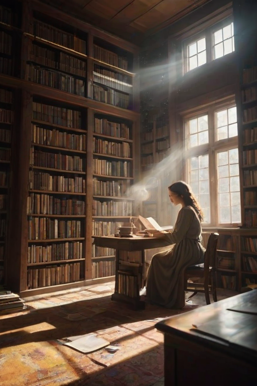 Cozy library filled with shelves of books, a woman lost in a novel at a reading table, sunlight streaming through tall windows, illuminating dust particles in the air.