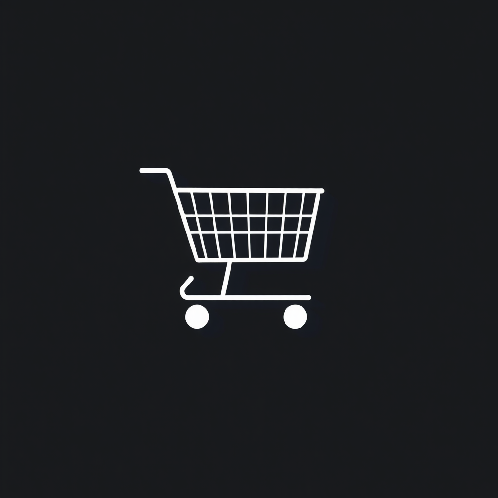 create a minimalist icon of a shopping cart with a long shadow on a dark background, using a Nikon D850 with an aperture of f/8, ISO 100, 50mm lens, and top-down view photography style for crisp detail and enhanced quality