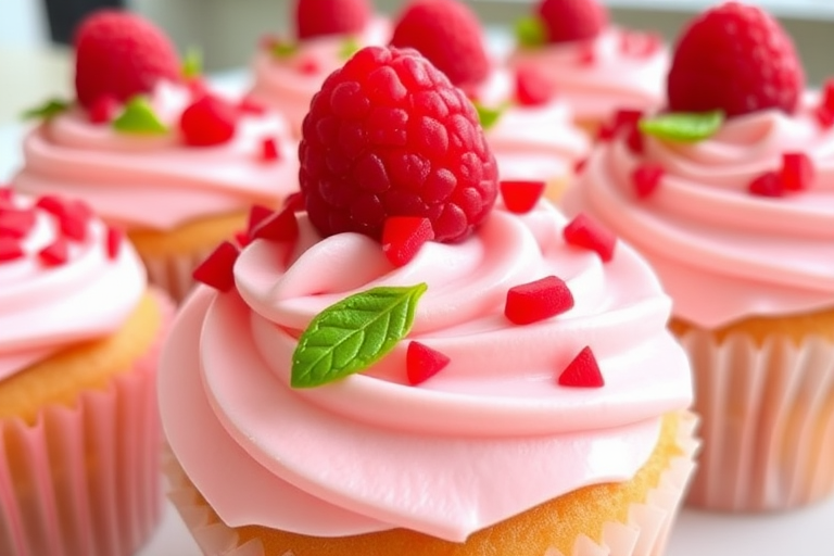 Deliciously decorated raspberry cupcakes with creamy frosting topped with fresh raspberries and a sprinkle of red candy pieces in a bright and inviting setting.