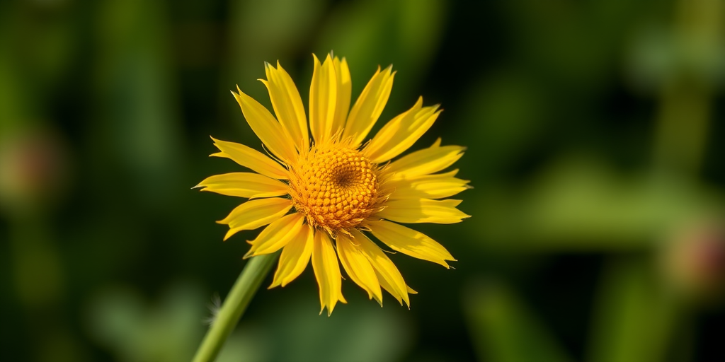 yellow flower with spiky petals against a blurred green background, captured with a Canon EOS R, 50mm f/1.8 lens, aperture f/2.8, ISO 100, natural lighting, shallow depth of field