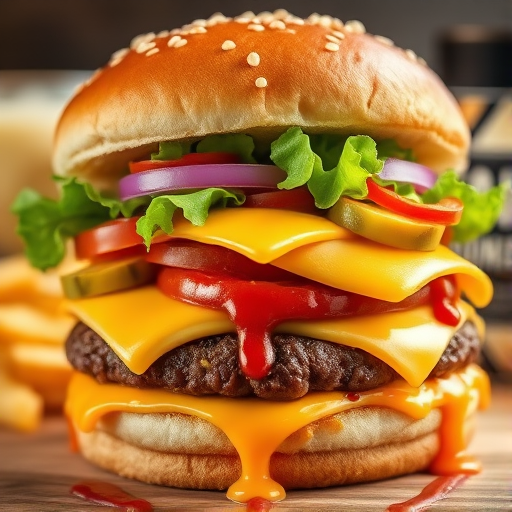 High-resolution, close-up image of a gourmet double cheeseburger. The burger features a glossy, sesame-seed-topped brioche bun. Inside, there are two thick, juicy beef patties, each topped with melted cheddar cheese. The burger is garnished with fresh lettuce, tomato slices, diced onions, and pickles. A generous amount of ketchup and a creamy, orange-colored sauce is dripping down the sides, adding to the mouth-watering appeal. In the background, there are blurred elements including a side of golden French fries and a hint of a beverage, enhancing the overall presentation of a delicious meal.